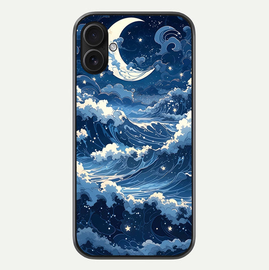Ocean Moon Waves Glass Case For iPhone 16 Plus by Custom World