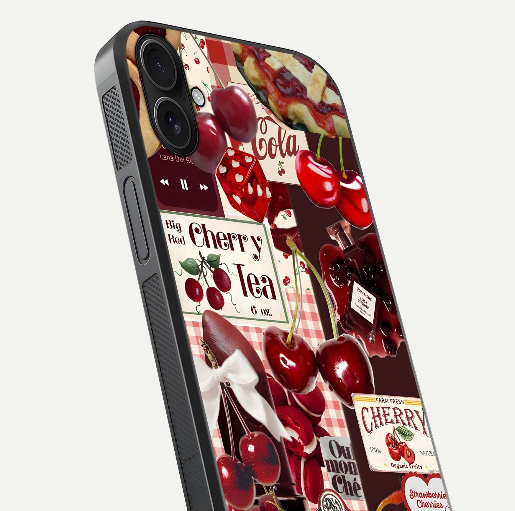 Aesthetic Cherry Tea Glass Case for iPhone 16 Pro close-up angled shot showing detailed cherry artwork, red tones, and gloss reflection