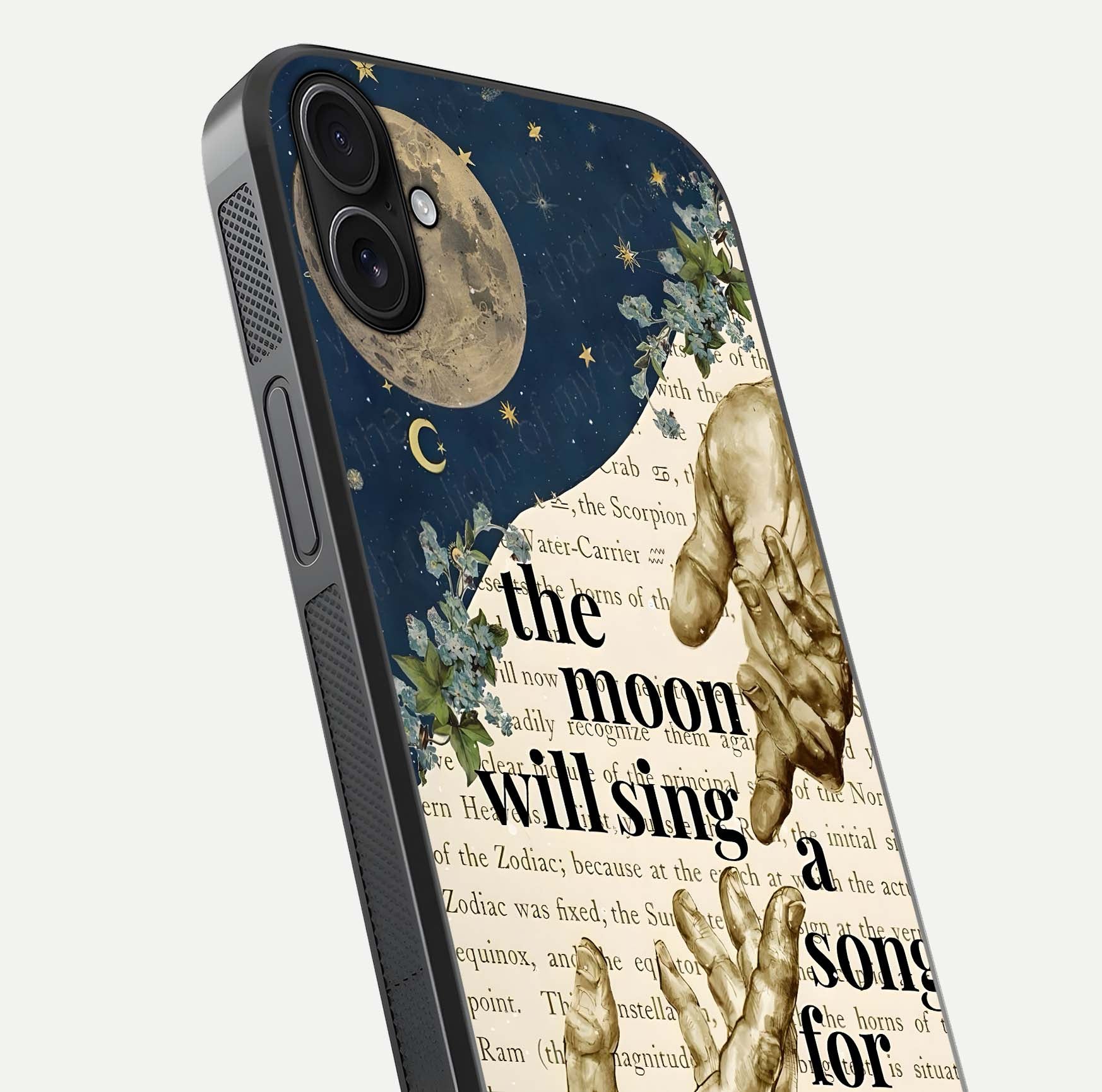 Aesthetic Divine Glass Case for iPhone 16 Pro close-up angled shot showing detailed divine artwork and gloss reflection