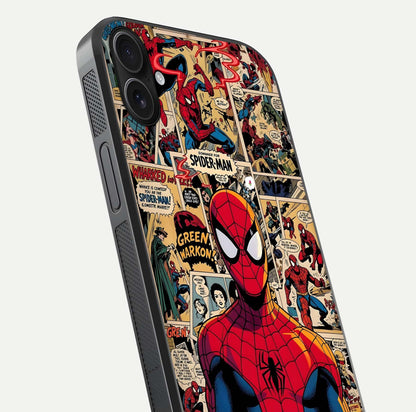 Aesthetic Spider Man Glass Case for iPhone 16 Pro close-up angled shot showing detailed Spider-Man artwork and gloss reflection