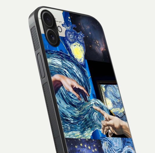 Aesthetic Vando Hands Glass Case for iPhone 16 Plus close-up angle showing fine detailing of hand artwork and glass reflection