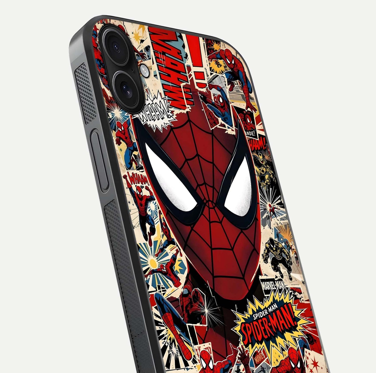 Aesthetic Wonder Spider Glass Case for iPhone 16 Pro angled close-up highlighting spider web detail and vibrant color gloss