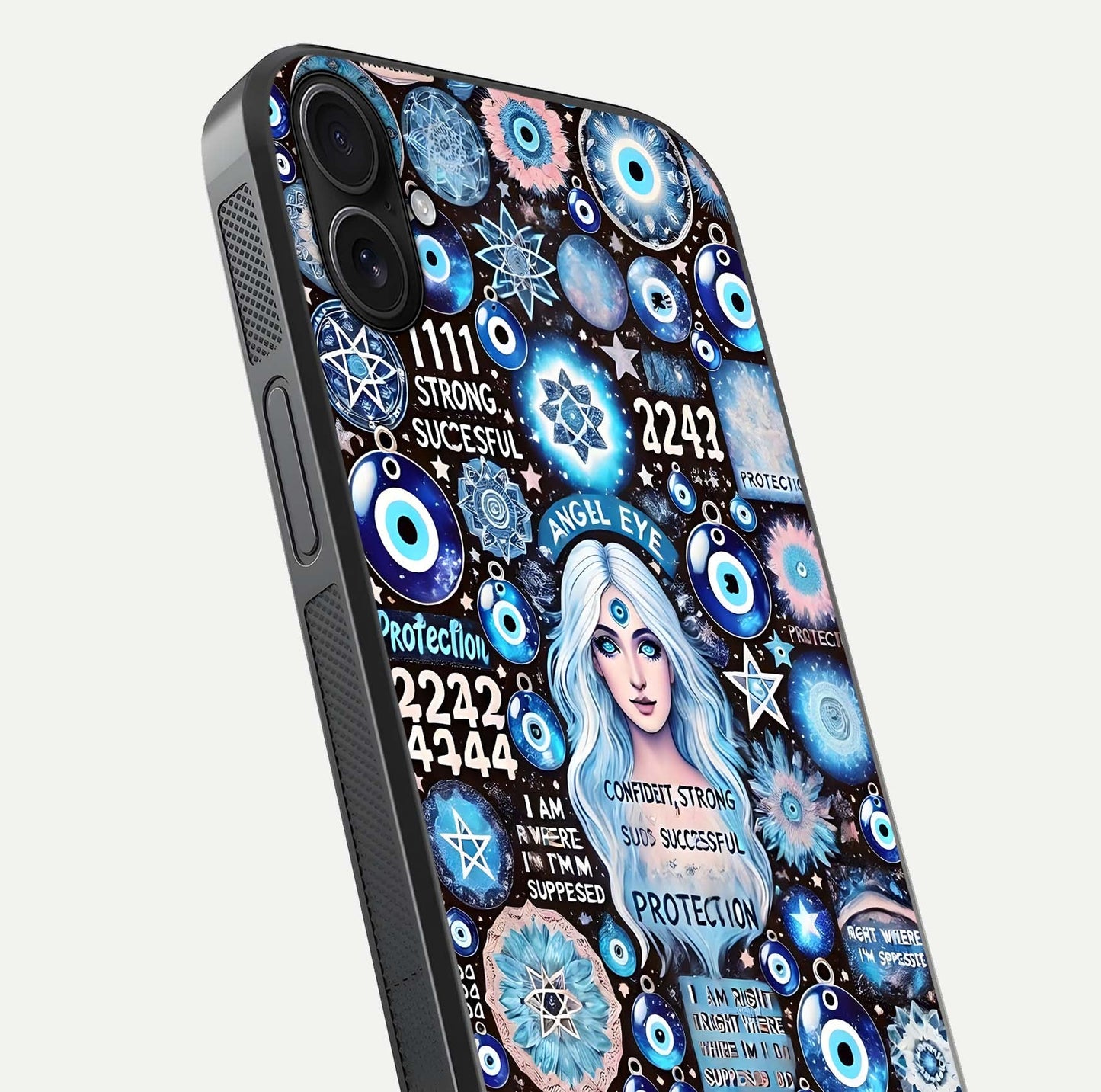 Angel Aura Shield Glass Case for iPhone 16 Pro close-up view capturing aura glow, metallic tones, and shine texture