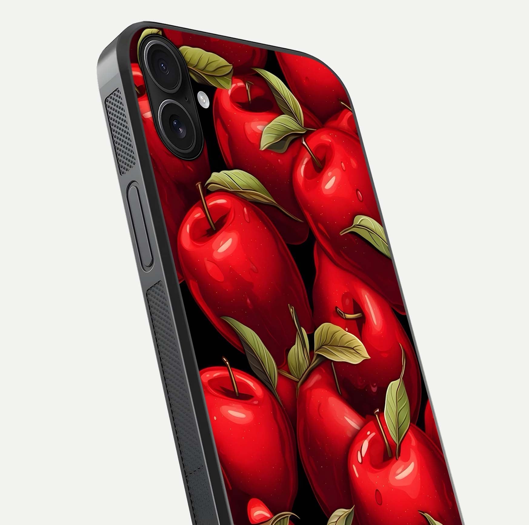 Apple Pattern Glass Case for iPhone 16 Pro close-up angle showing pattern texture and shine reflection