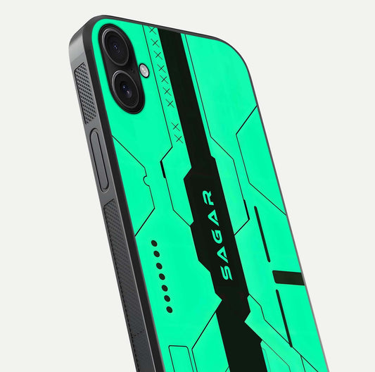 Aqua Tech CYBERPUNK Custom Name Glass Case for iPhone 16 Plus close-up angle showing futuristic blue lights and reflections