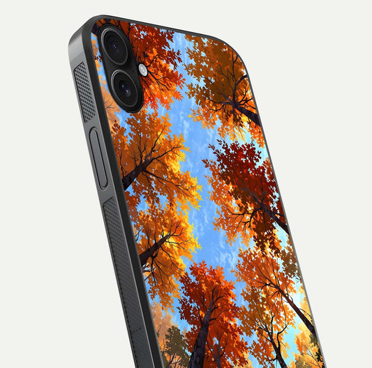Autumn Sky Rise Glass Case for iPhone 16 Plus close-up shot of autumn tone details and HD shine reflection