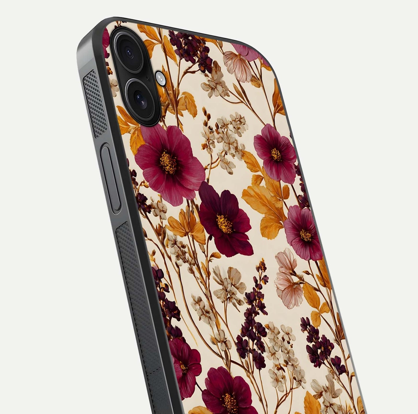 Autumn Wine Bloom Glass Case for iPhone 16 Pro close-up highlighting petal detail and gloss reflection