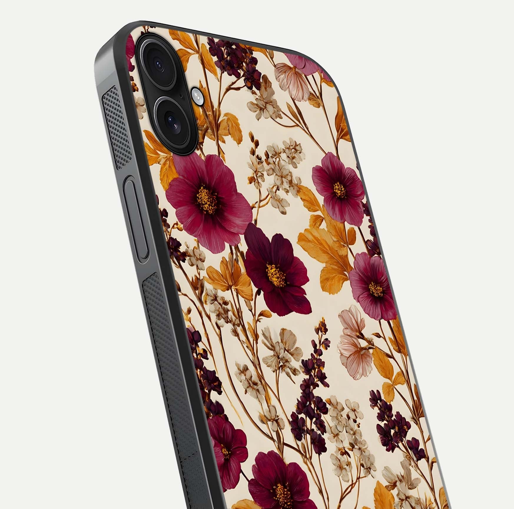 Autumn Wine Bloom Glass Case for iPhone 16 Pro close-up highlighting petal detail and gloss reflection