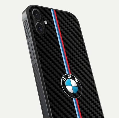 BMW Pattern Glass Case for iPhone 16 Plus close-up angle showing BMW logo detailing and high-reflect gloss texture