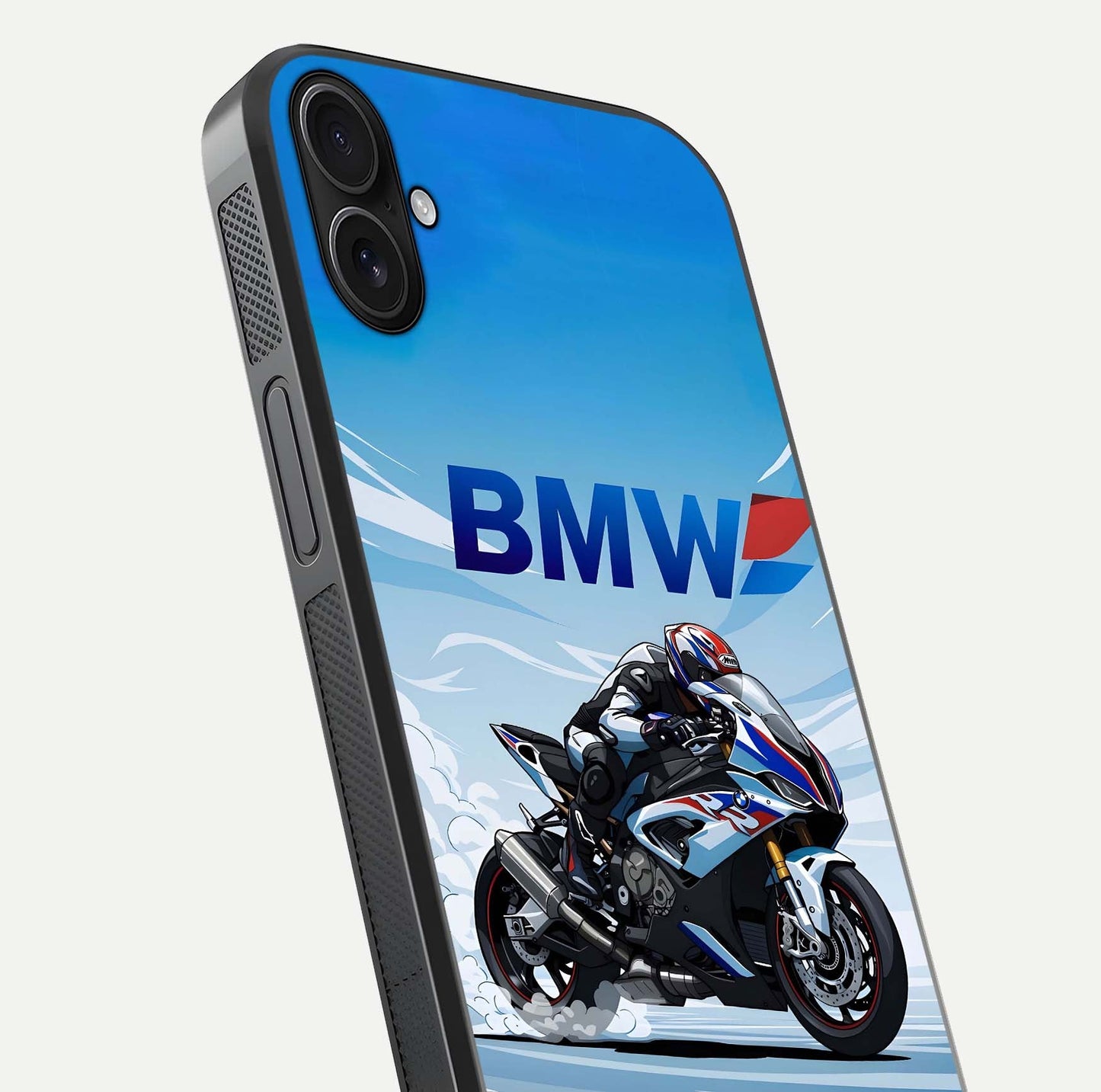BMW Power Drift Glass Case for iPhone 16 Plus close-up view highlighting motion streaks and gloss shine