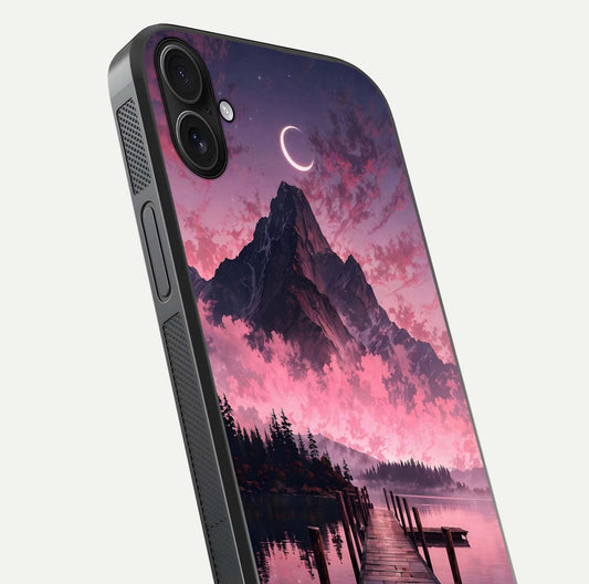 Beautyful Mountain View Glass Case for iPhone 16 Plus close-up angle highlighting landscape details and shine