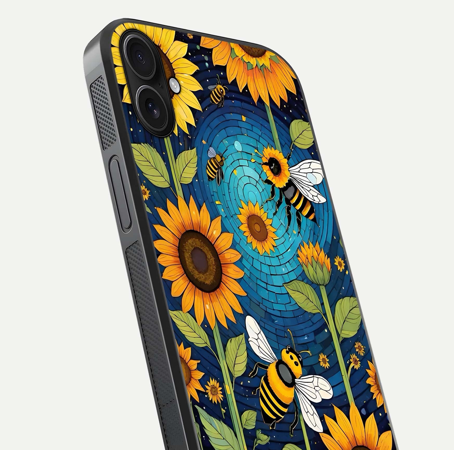 Bees & Sunflowers Glass Case for iPhone 16 Pro close-up angled shot showing detailed petals, bee prints, and glass reflection