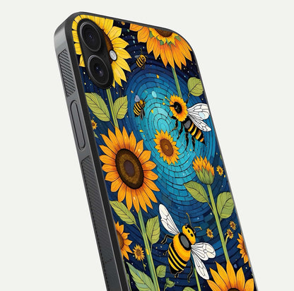 Bees & Sunflowers Glass Case for iPhone 16 Pro close-up angled shot showing detailed petals, bee prints, and glass reflection