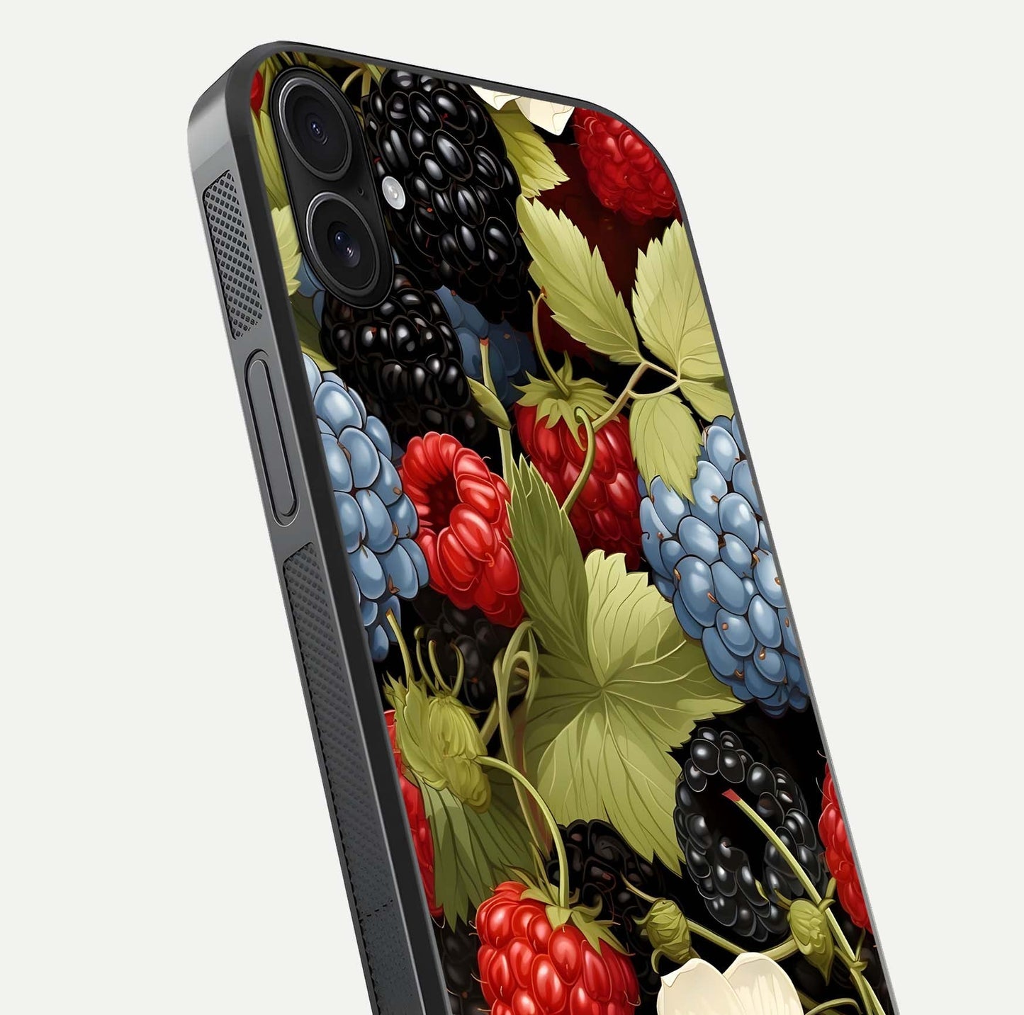 Berry Bloom Charm Glass Case for iPhone 16 Pro close-up view highlighting berry color tones and fine petal detailing