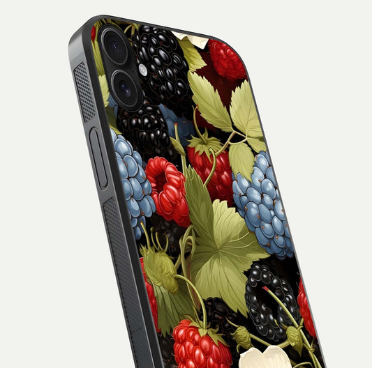 Berry Bloom Charm Glass Case for iPhone 16 Plus close-up view highlighting berry color tones and fine petal detailing