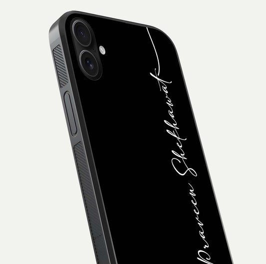 Black Tune Custom Name Glass Case for iPhone 16 Plus close-up shot highlighting sleek monochrome design and reflection