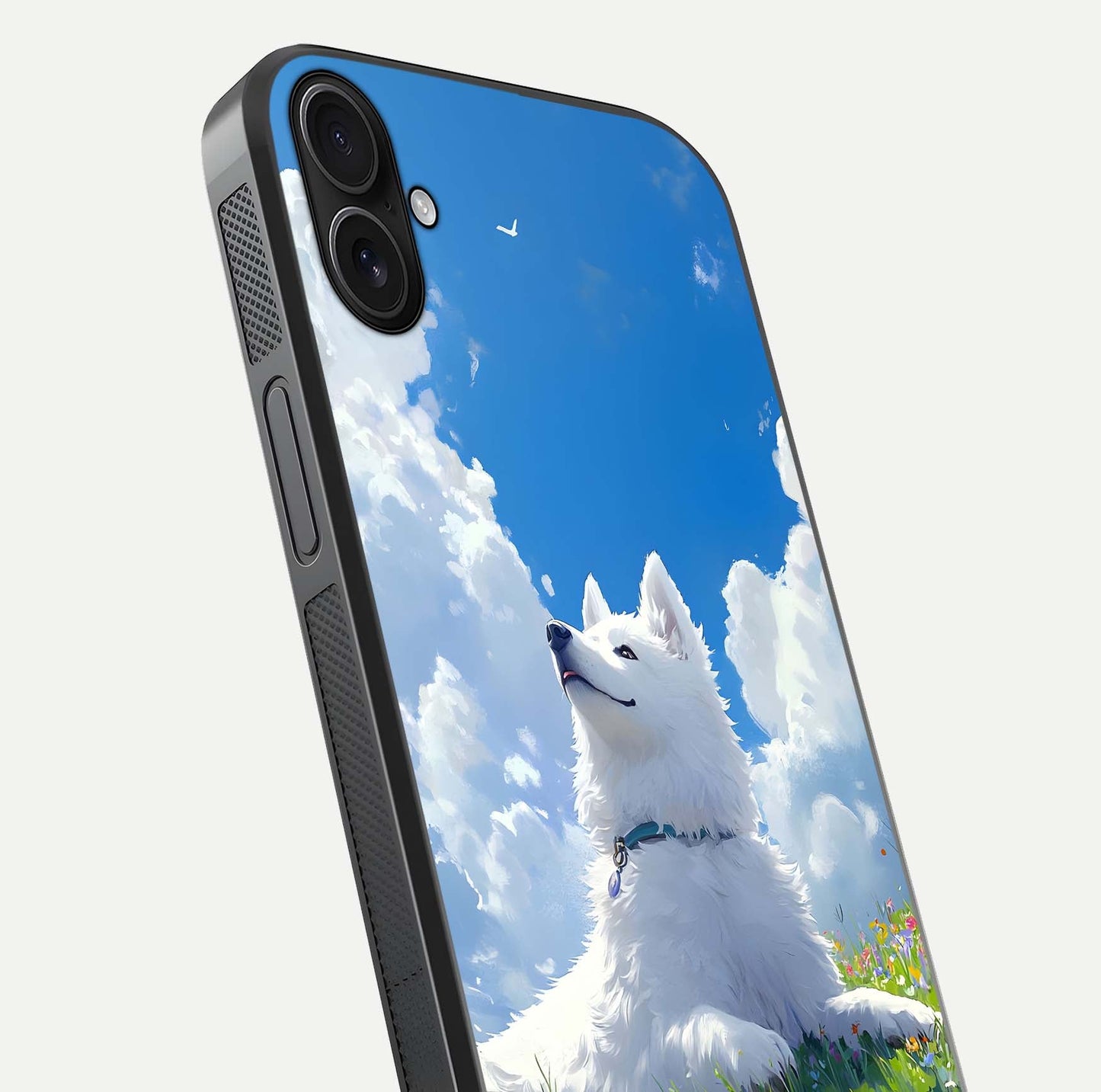 Blissful Cloud Pup Glass Case for iPhone 16 Plus close-up image highlighting puppy details and glossy reflection