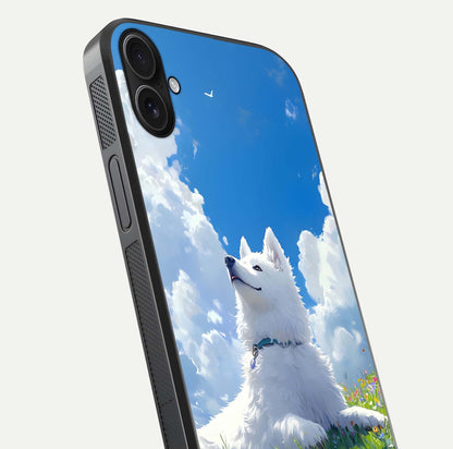 Blissful Cloud Pup Glass Case for iPhone 16 Plus close-up image highlighting puppy details and glossy reflection