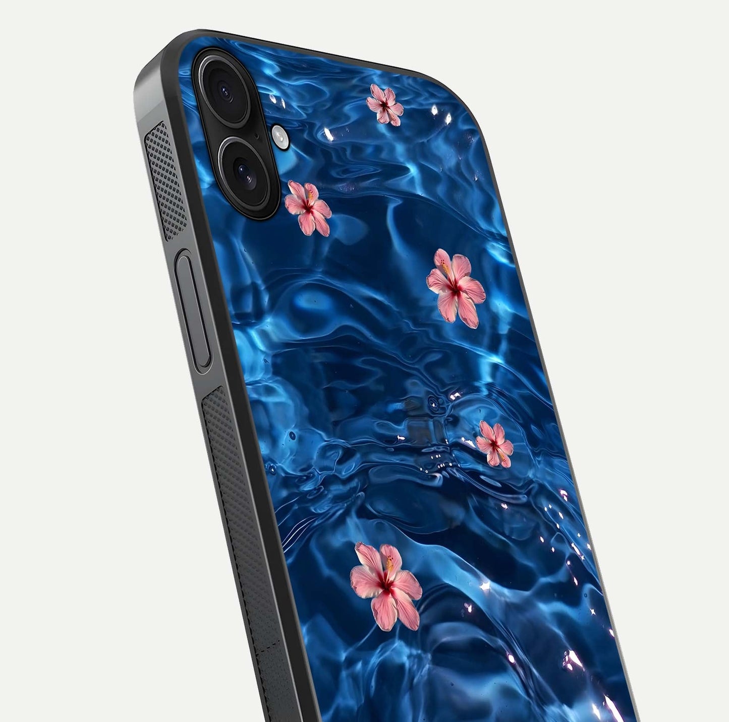 Blooming Water Drift Glass Case for iPhone 16 Plus close-up angle showing petal details, soft aqua tones, and smooth gloss reflection