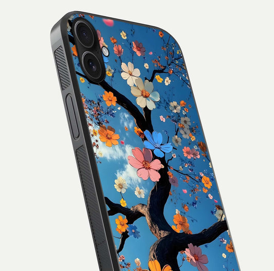 Blossom Dream Sky Glass Case for iPhone 16 Plus close-up shot highlighting dreamlike clouds and pink blossoms