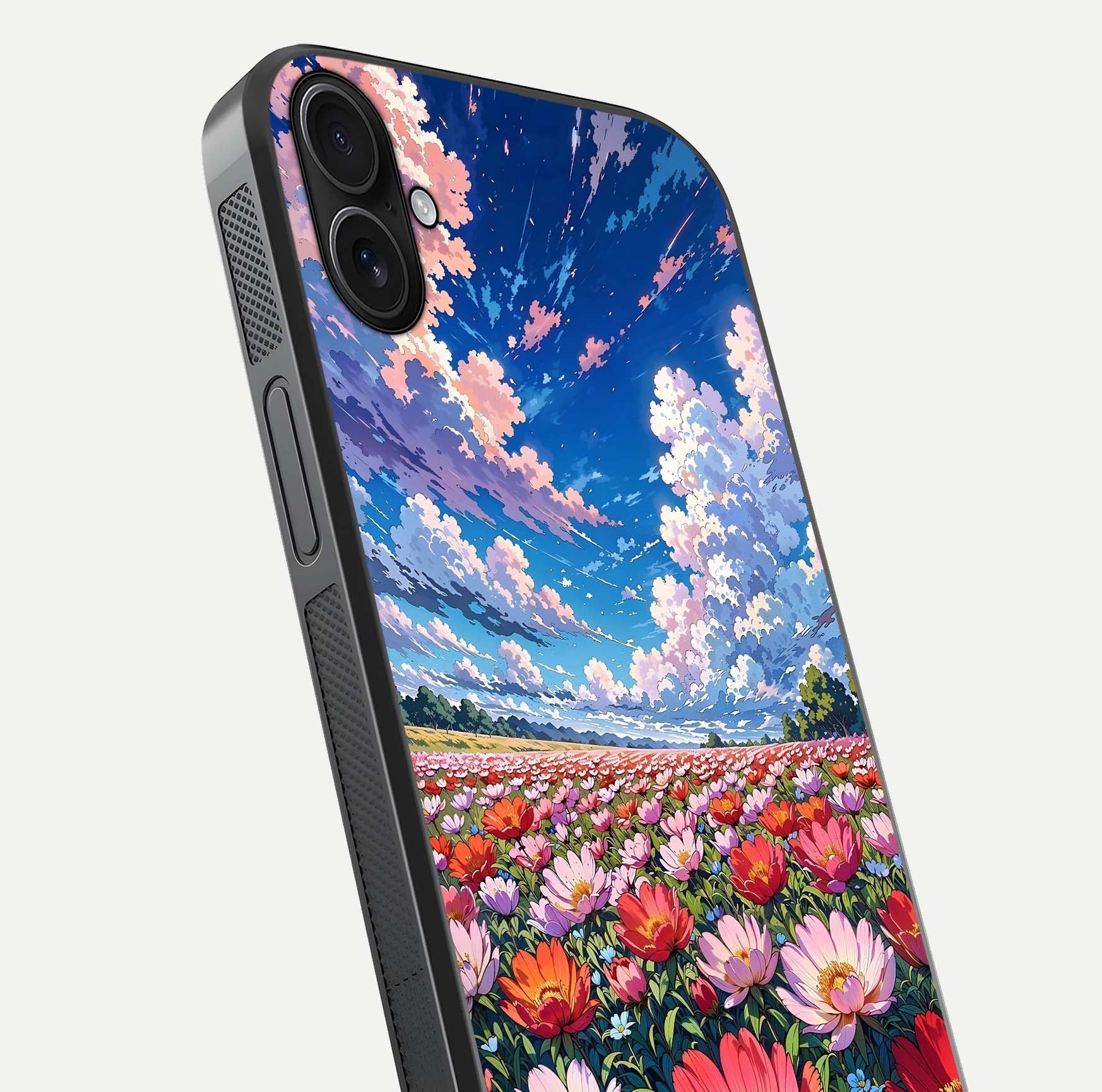 Blossom Sky Field Glass Case for iPhone 16 Plus close-up image showing petal patterns and subtle sky gradient