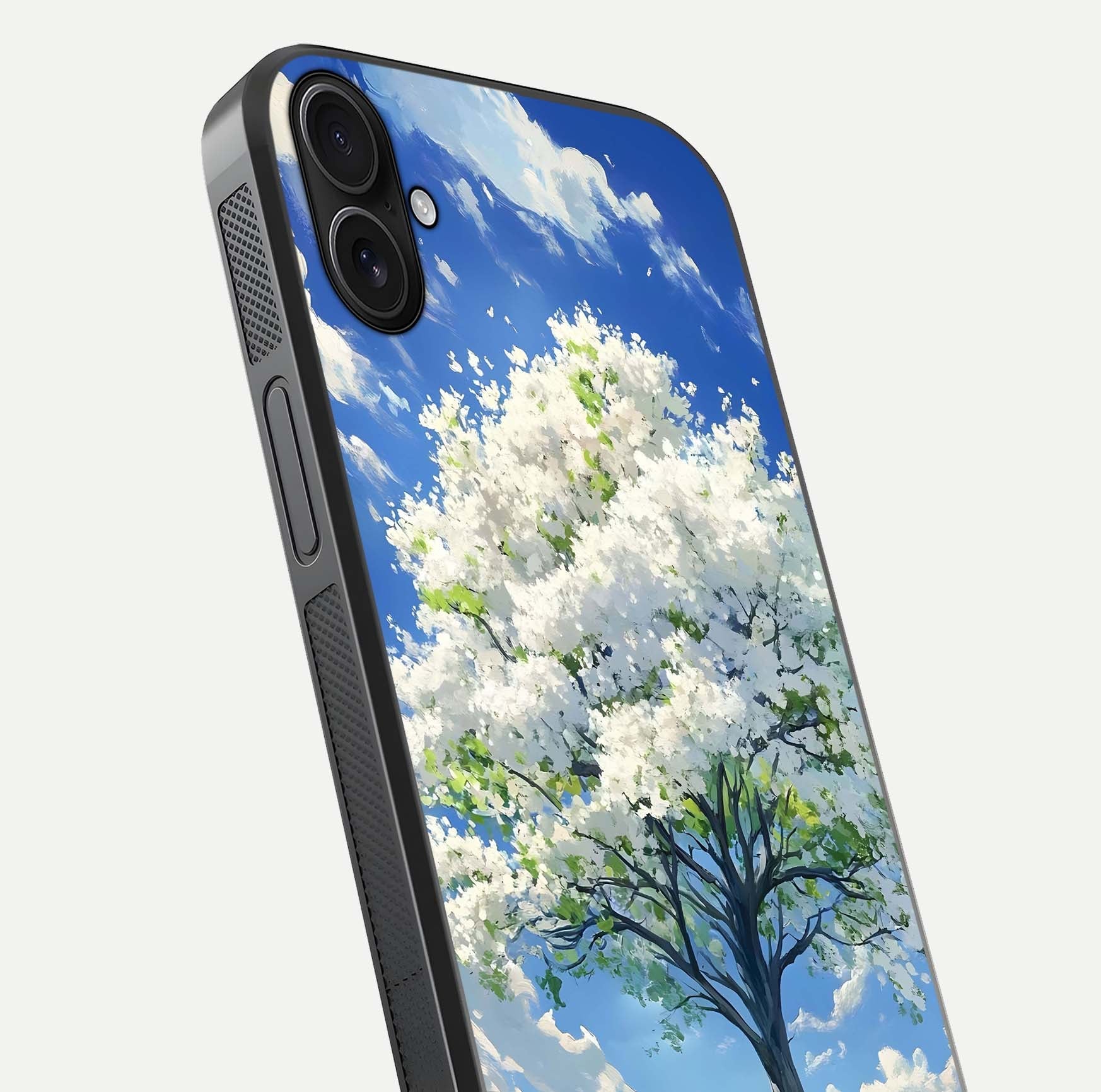 Blossom Sky Serenity Glass Case for iPhone 16 Plus close-up highlighting calming flower details and reflection gloss