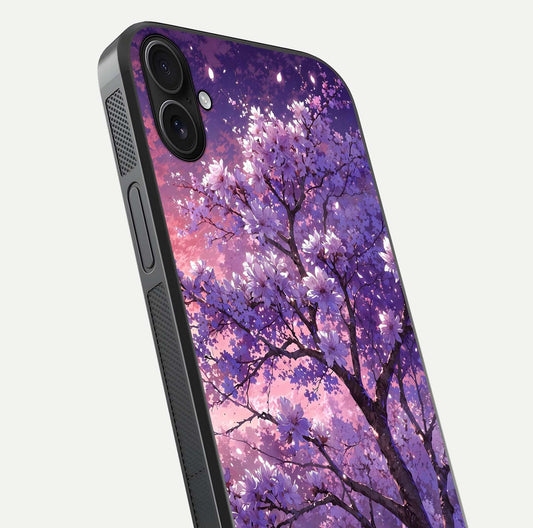Blossom Tree Glass Case for iPhone 16 Plus close-up image highlighting tree branches, blossoms, and shine