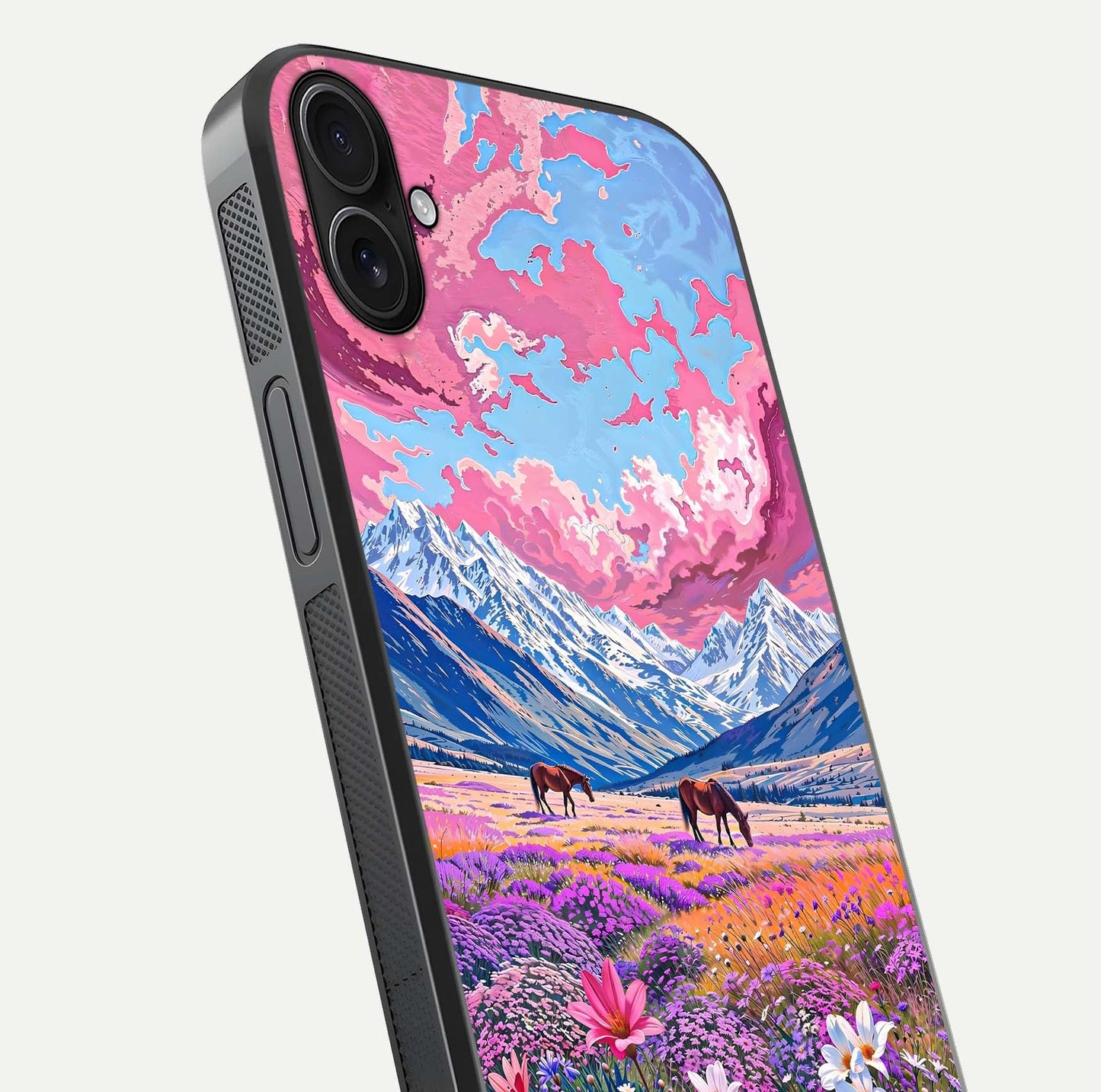 Blossom Valley Dream Glass Case for iPhone 16 Pro close-up view showing detailed flower print and pastel hues