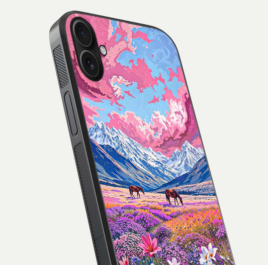 Blossom Valley Dream Glass Case for iPhone 16 Plus close-up view showing detailed flower print and pastel hues