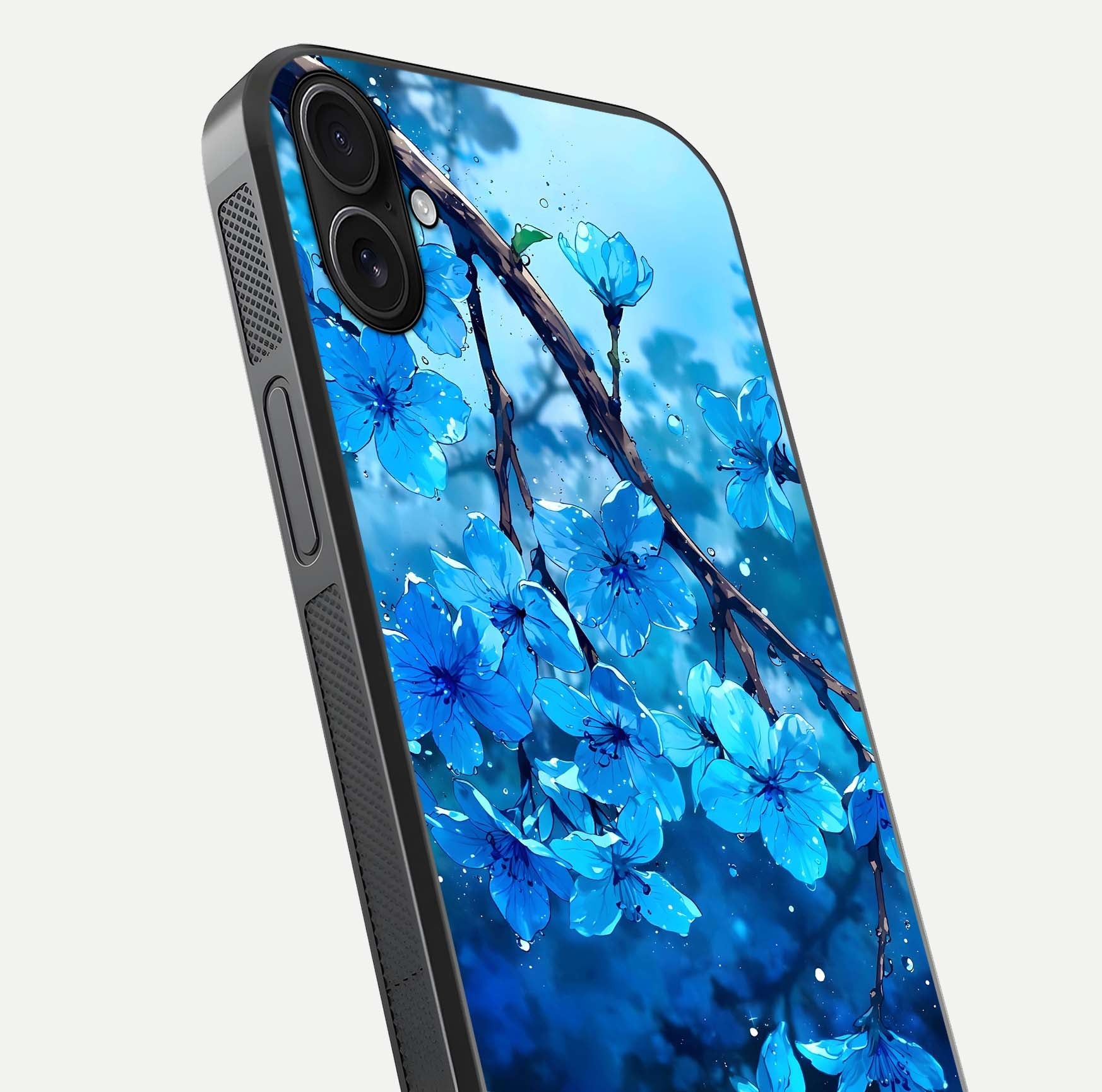 Blue Blossoms Branch Glass Case for iPhone 16 Plus close-up angle highlighting petal details and reflection gloss