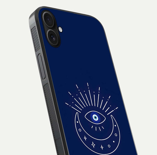 Blue Evil Eye Glass Case for iPhone 16 Plus close-up shot highlighting eye motif, protection symbol, and glass shine
