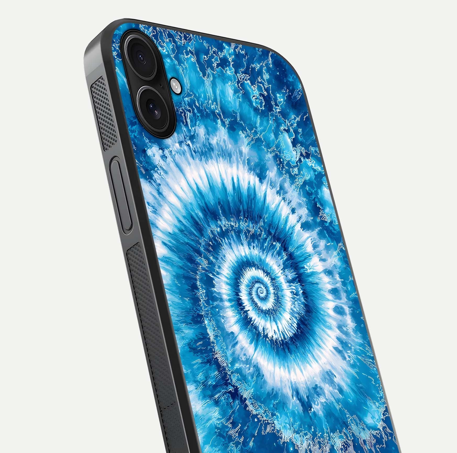 Blue Galaxy Wave Glass Case for iPhone 16 Plus close-up highlighting fluid wave motion and deep-blue reflection