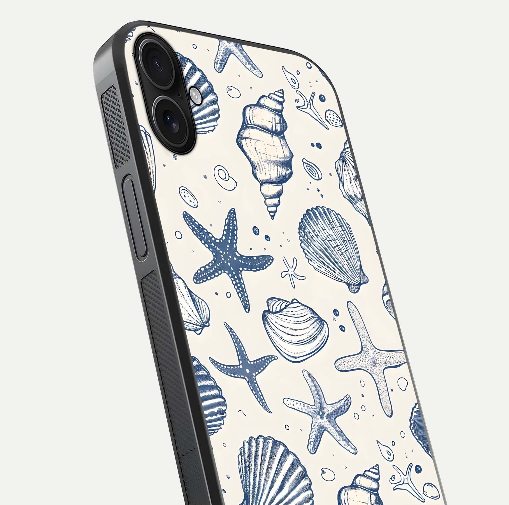 Blue Ocean Outline Glass Case for iPhone 16 Plus close-up shot highlighting line art details and reflection texture