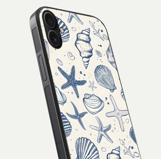 Blue Ocean Outline Glass Case for iPhone 16 Plus close-up shot highlighting line art details and reflection texture