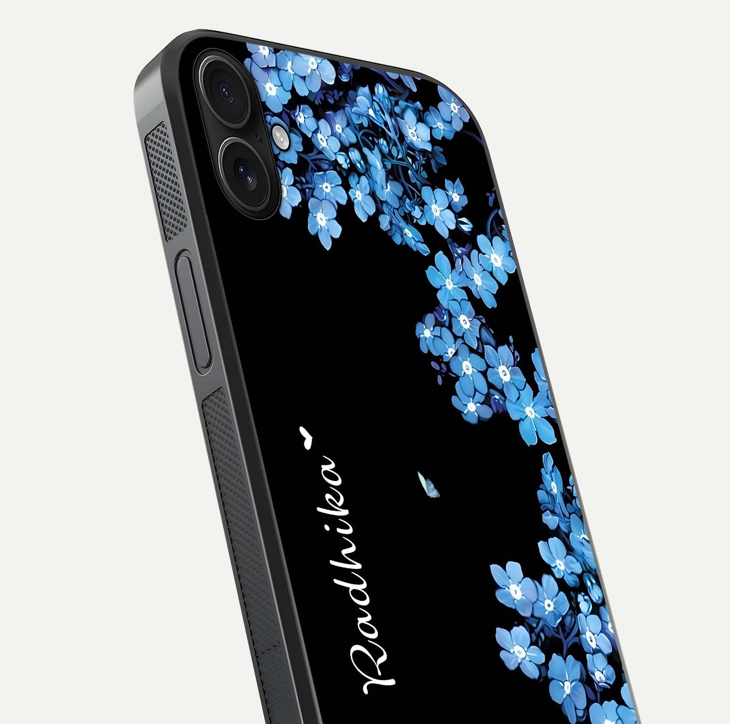 Blue Petal Dream Custom Name Glass Case for iPhone 16 Plus close-up highlighting petal texture and gloss reflection