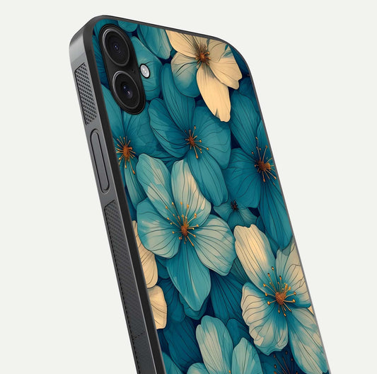 Blue Shade Floral Glass Case for iPhone 16 Plus close-up angle showing flower print precision and reflection