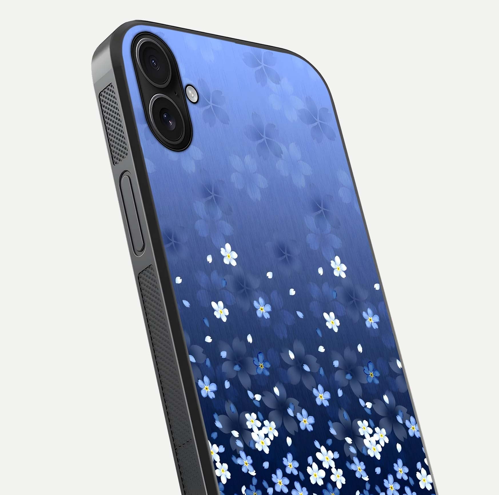 Blue Starry Glass Case for iPhone 16 Plus close-up image highlighting sparkle details and midnight blue gradient