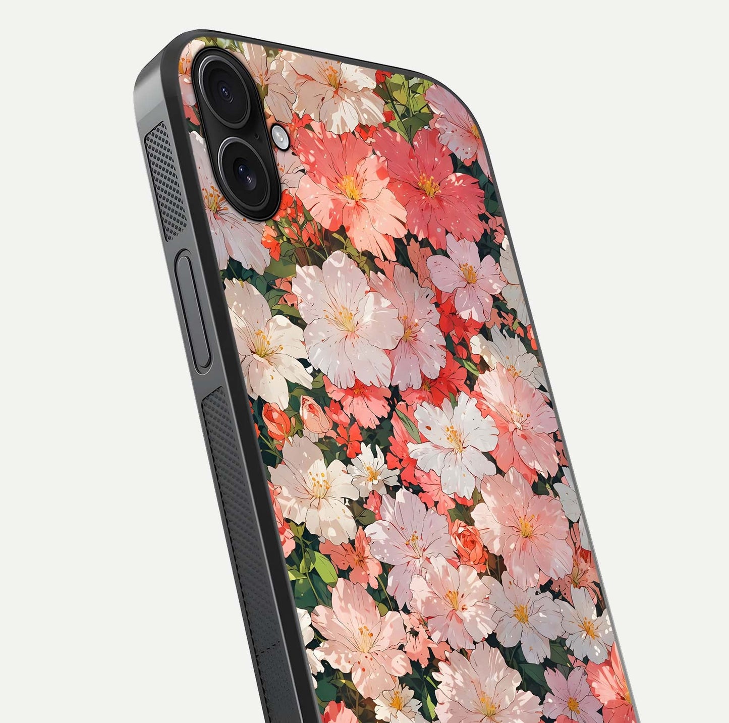 Blush Bloom Field Glass Case for iPhone 16 Plus close-up shot capturing pastel flower field tones and gloss shine