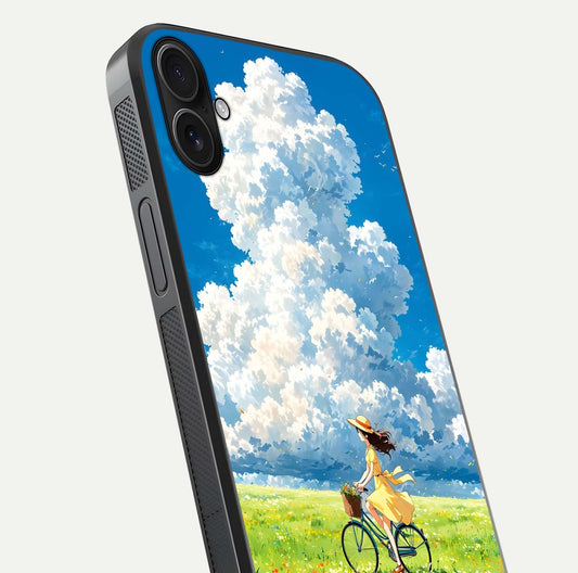 Breezy Meadow Ride Glass Case for iPhone 16 Plus close-up shot showing flowers and breezy motion texture