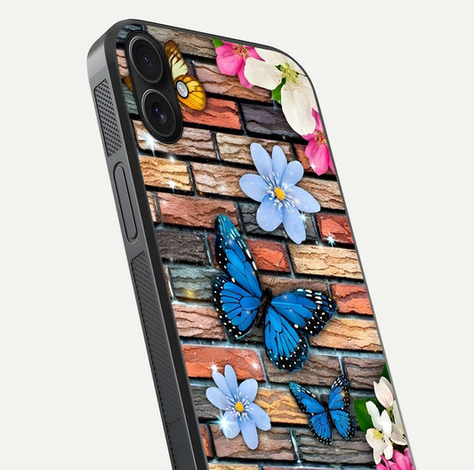 Brick Bloom Flight Glass Case for iPhone 16 Plus close-up angle highlighting flower clusters and reflection detail