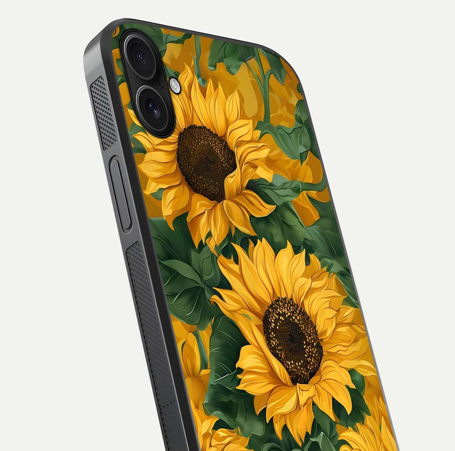 Bright Sunflower Bloom Glass Case for iPhone 16 Plus close-up image highlighting yellow petal detail and HD reflection