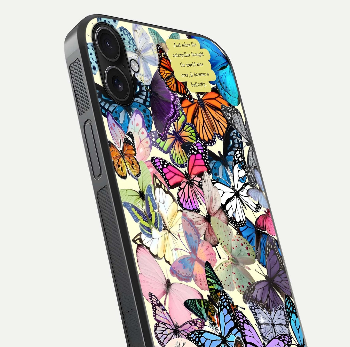 Butterflies Petal Dream Glass Case for iPhone 16 Plus close-up highlighting butterfly wings and pink petal gloss