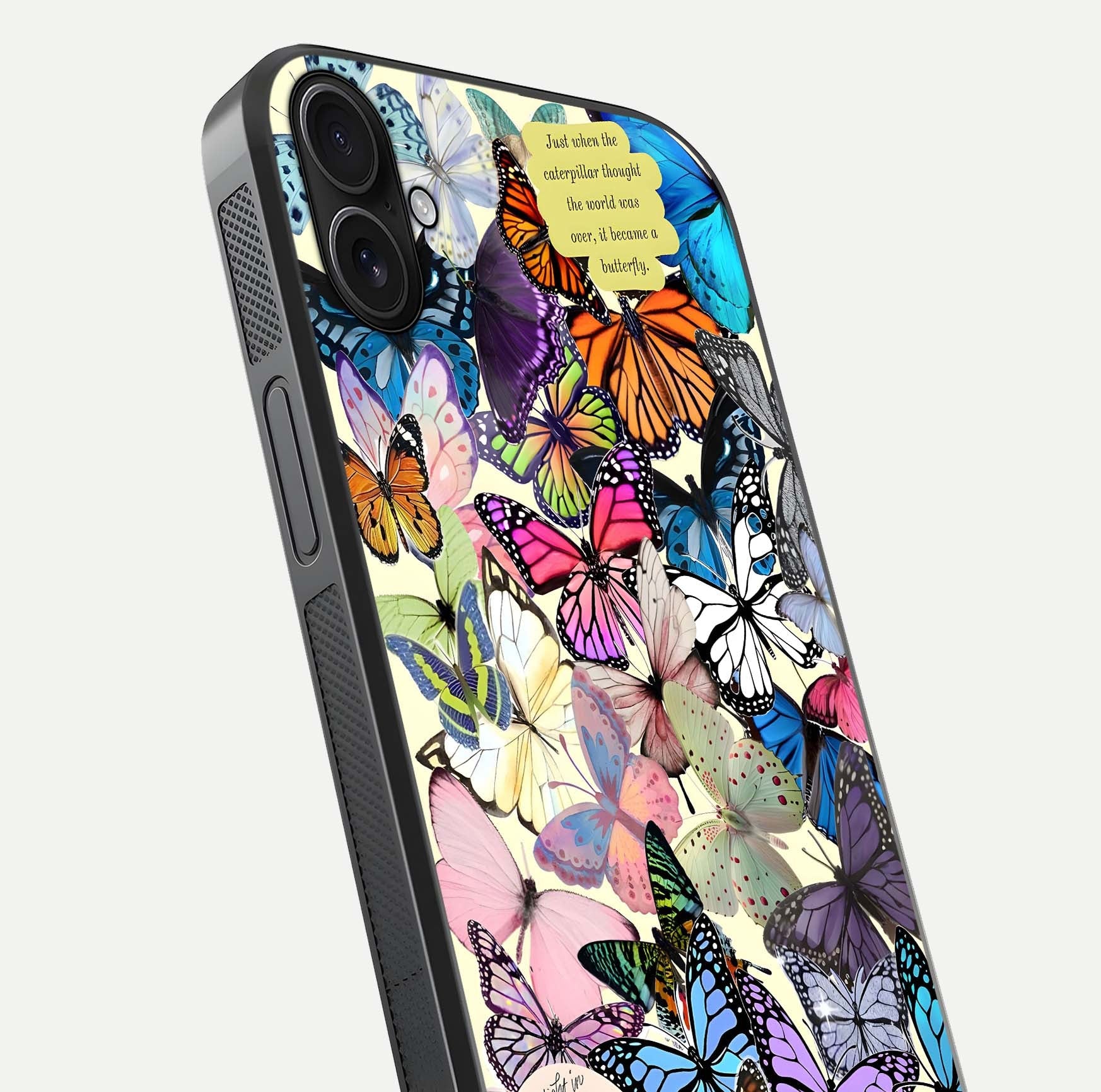 Butterflies Petal Dream Glass Case for iPhone 16 Plus close-up highlighting butterfly wings and pink petal gloss
