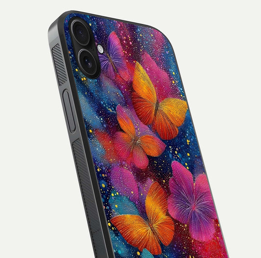 Butterfly Dream Mist Glass Case for iPhone 16 Plus close-up capturing wing pattern detail and glossy finish texture