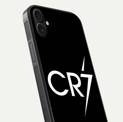 CR7 Elite Strike Glass Case for iPhone 16 Plus close-up highlighting CR7 artwork and shine reflection