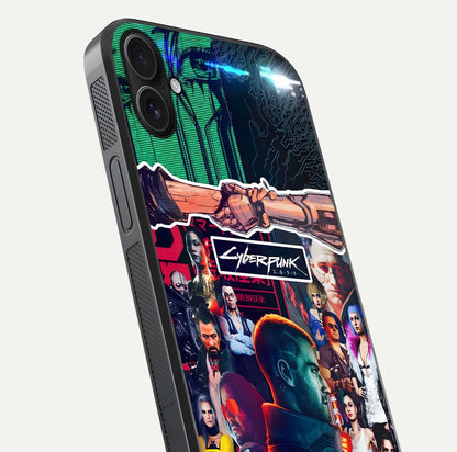 CYBERPUNK Legacy Glass Case for iPhone 16 Plus close-up highlighting circuit texture and reflection tone