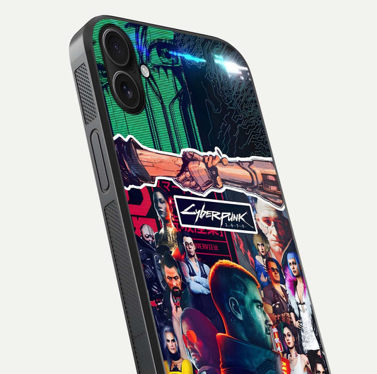 CYBERPUNK Legacy Glass Case for iPhone 16 Plus close-up highlighting circuit texture and reflection tone