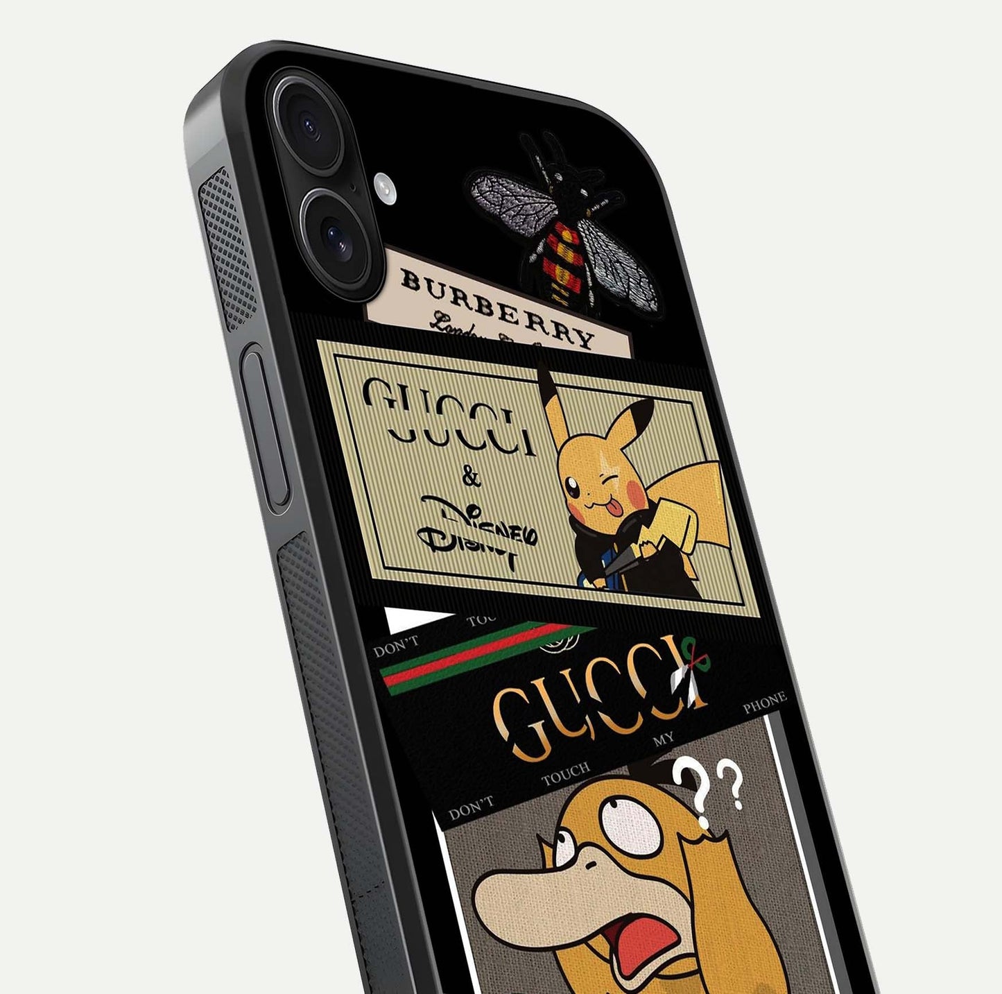 Cartoon Brand Play Mashup Glass Case for iPhone 16 Plus close-up angled shot showing character details and vibrant tones