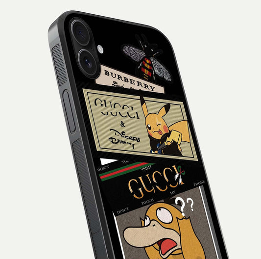 Cartoon Brand Play Mashup Glass Case for iPhone 16 Plus close-up angled shot showing character details and vibrant tones