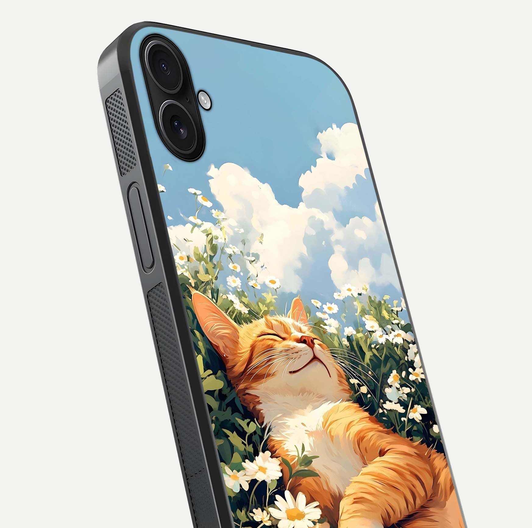 Cat & Flowers View Glass Case for iPhone 16 Plus close-up view highlighting cat expression and petal detail